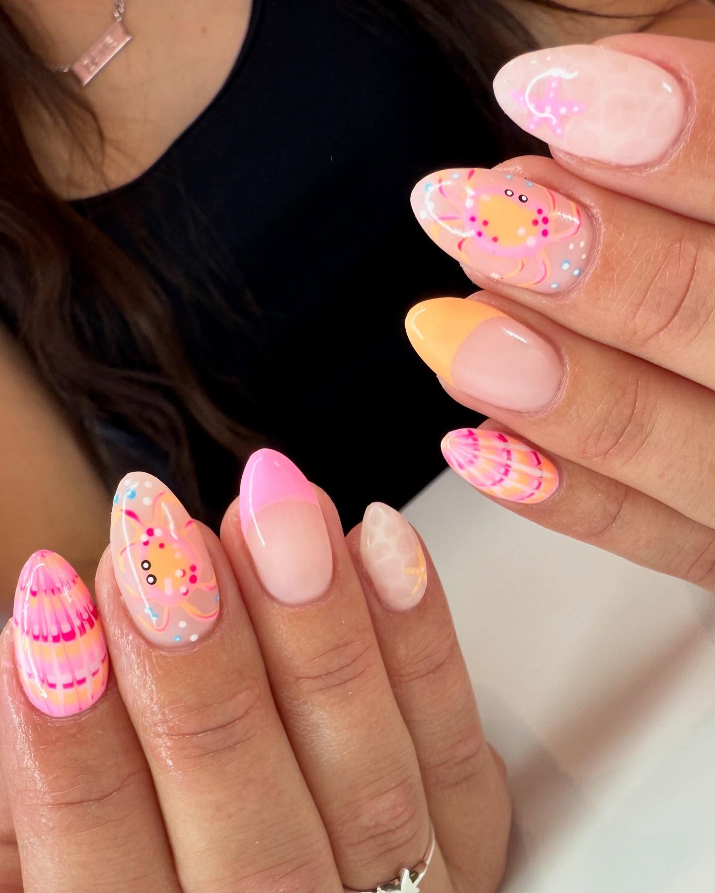 32. Beachside Whimsy: Dive Into Neon Seashells and Playful Crabs