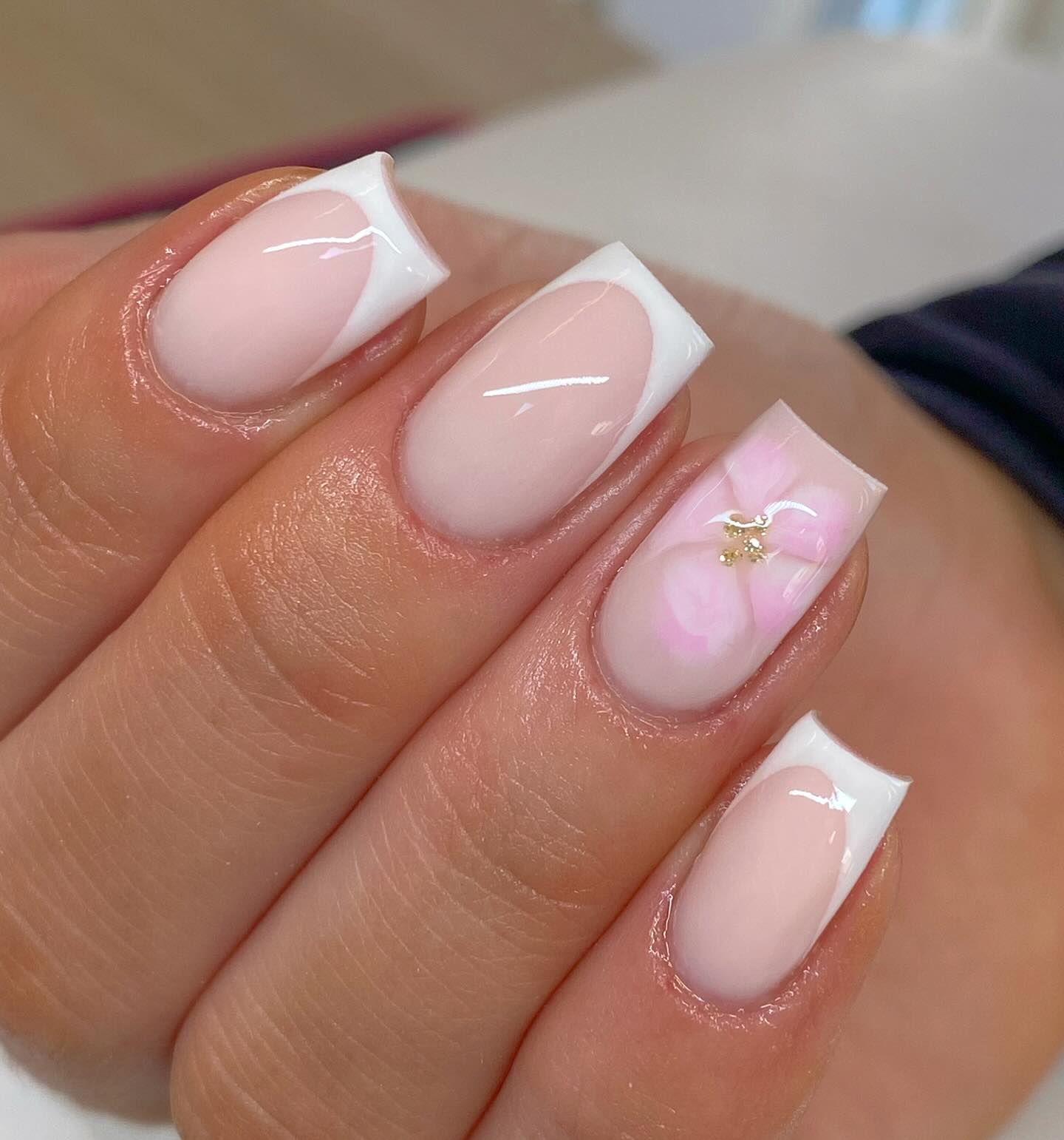 47. Blush Petals with a Touch Of Gold: a Modern French Tip Revival