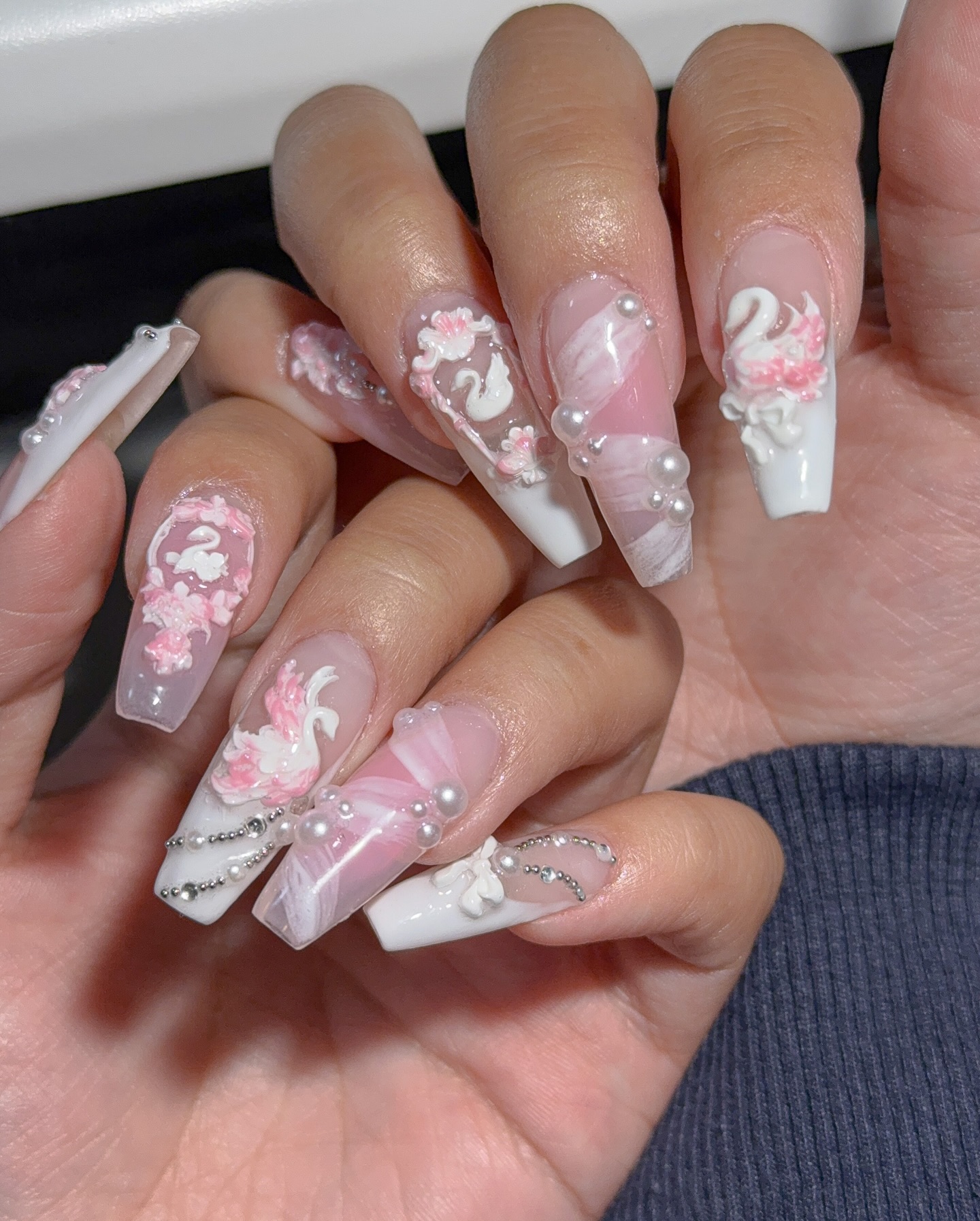 1. Swan Lake Reverie: Enchanting Nail Art with Pearls and Whimsy